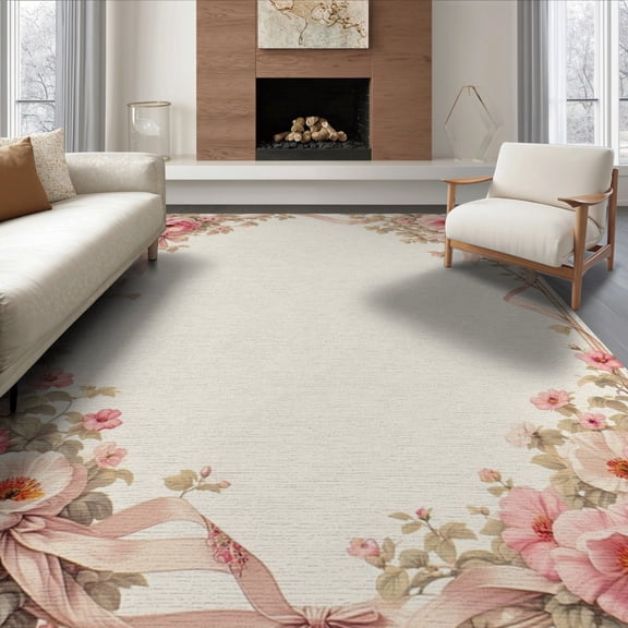 ODIKA 8'x10' Washable Area Rug Vintage Pink Border Alfombra Para Cuarto Boho Scattered for King Size Bedroom Under Bed, Master Suite, Non-Shedding, Easy Care