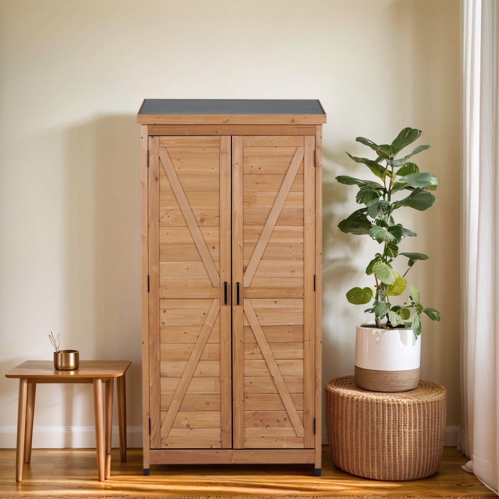 Outdoor Wooden Storage Shed with Metal Top and Double Doors, Tall Vertical Tool Cabinet and Garden Organizer, Gold