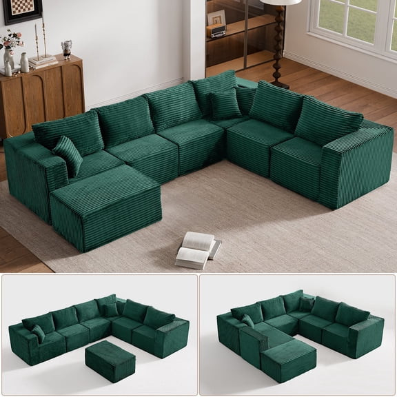 GEMBED 155.9" U-Shaped Oversized Sectional Sofa 7-Seater Modular Cloud Couch with Deep Seat and Movable Ottoman, No Assembly Boneless Sofa for Living Room, Green