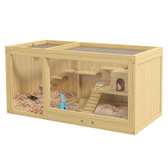 Wooden Hamster Cage, Large Gerbil Habitat, Multi-Level Small Animal Cage w/Tray