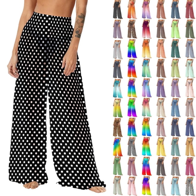 Pincandy Women See Through Sheer Mesh Pants Beach Swimsuit Bikini Bottom Cover up Party Club Elastic High Waist Wide Leg Pants