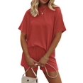 thumbnail image 2 of Women 2 Piece Shorts Set Casual Summer Outfits Ribbed Loose Short Sleeve Matching Lounge Sets Orange-Red S, 2 of 8