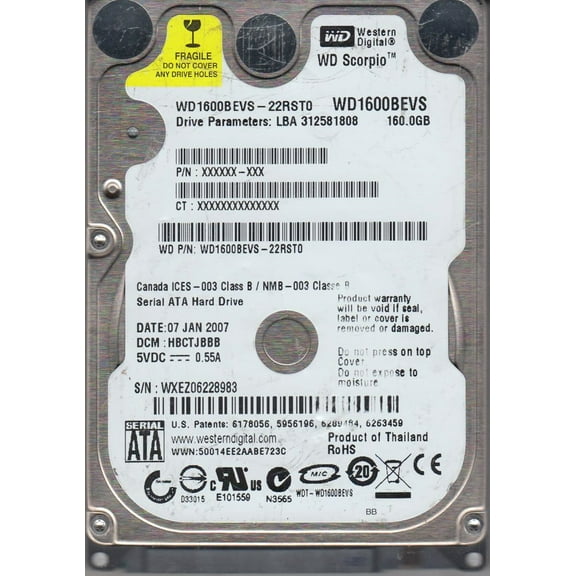 WD1600BEVS-22RST0, DCM HBCTJBBB, Western Digital 160GB SATA 2.5 Hard Drive