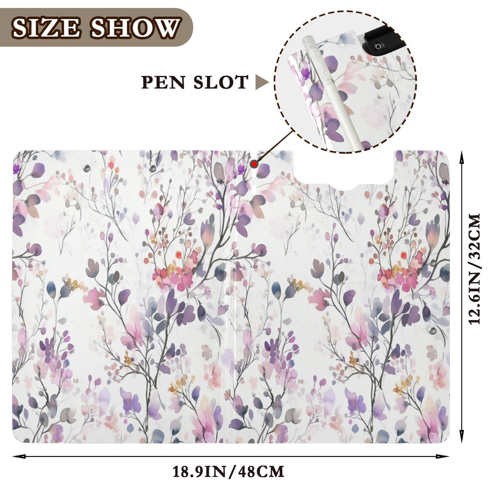FORMRS A4 Clipboard Folder with Pen Holder Horizontal Foldable School Office Binder, Purple Wildflowers