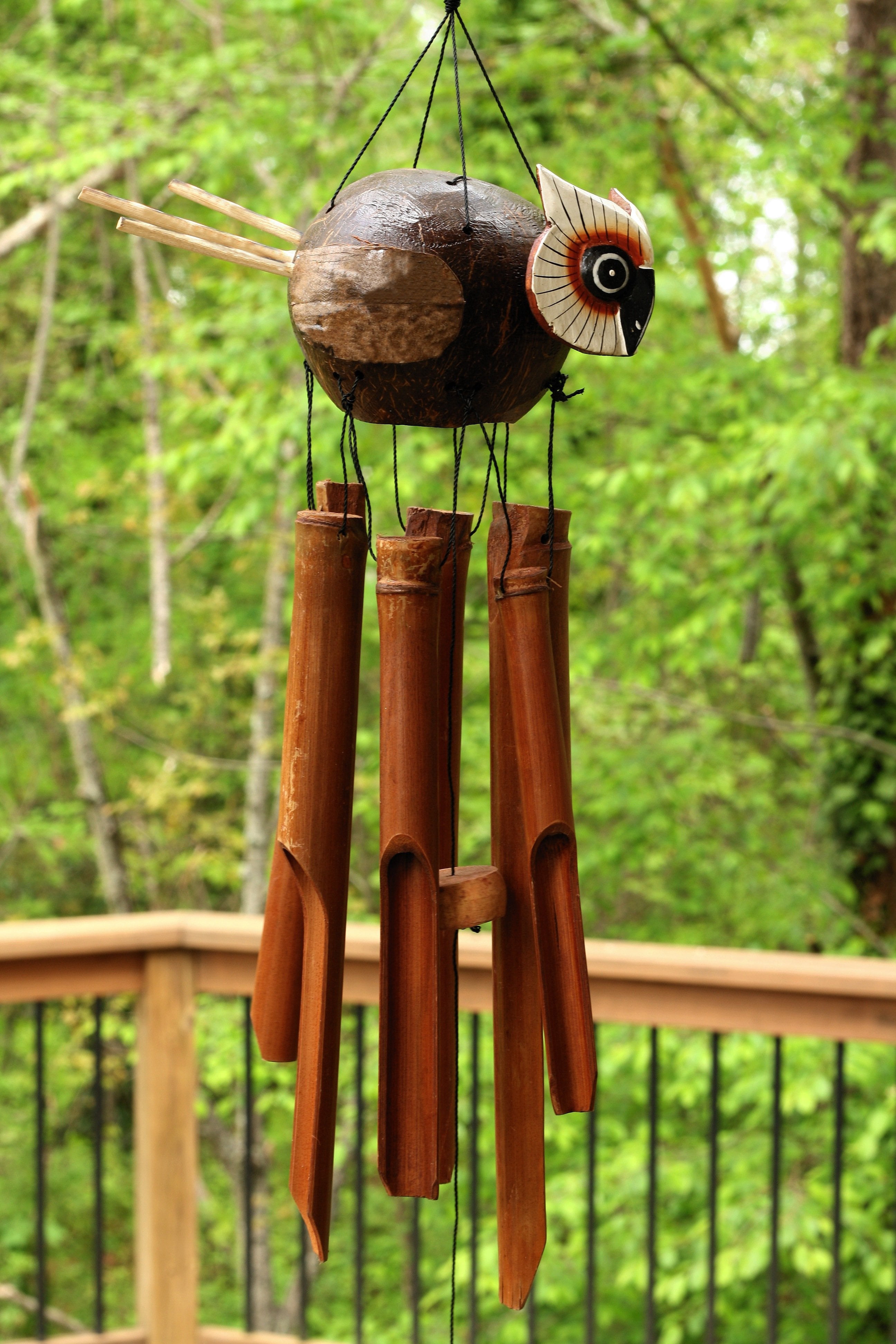 Handmade Wooden Flying Owl Bamboo Wind Chime Wood Statue Figurine Hoot Sculpture Decorative Rustic Patio Garden Outdoor Decor Handcrafted Decoration