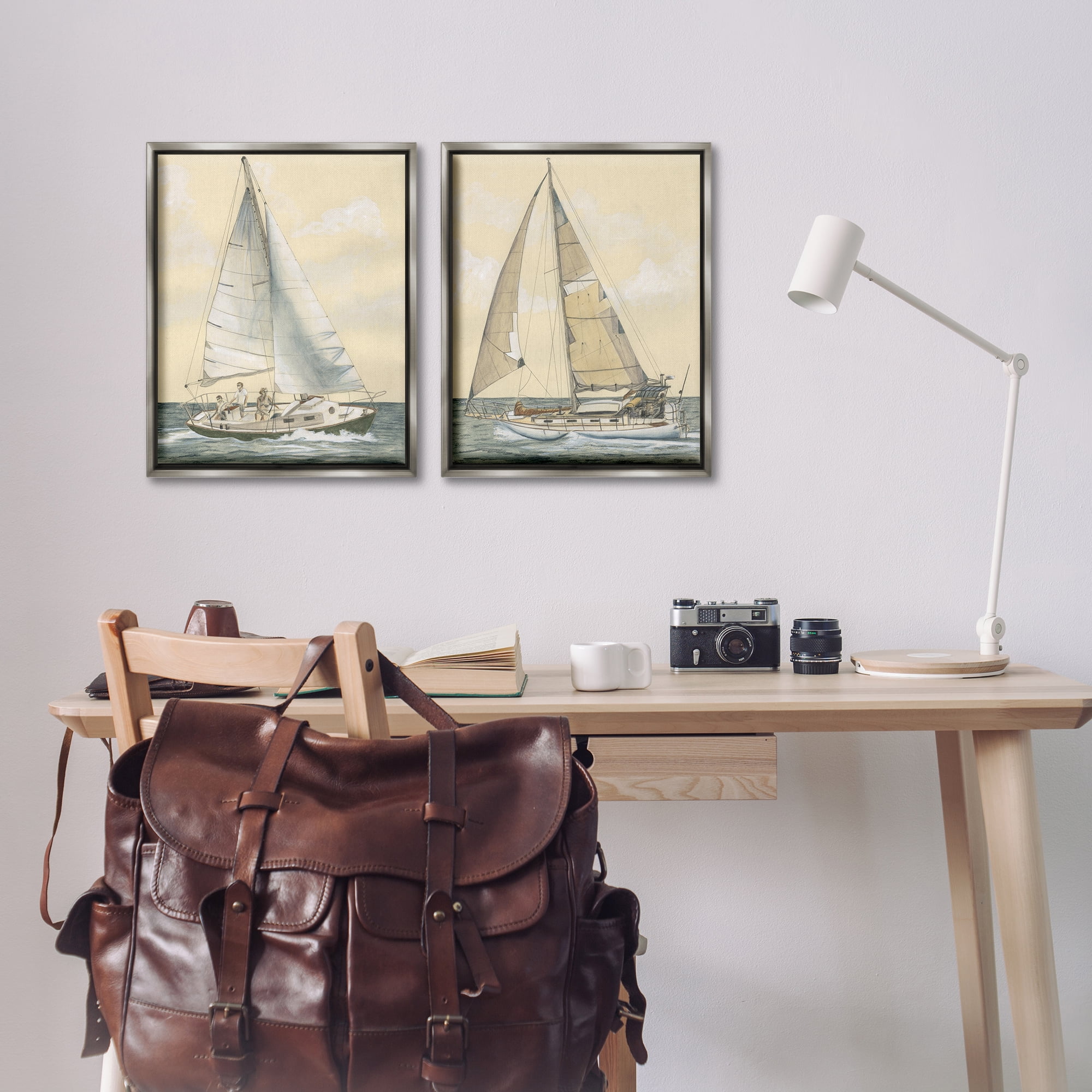 Stupell Industries Sailboat Crew At Sea People Painting Gray Floater Framed Canvas Art Print Wall Art, 17 x 21, Set of 2