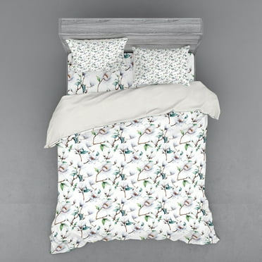 Flower Duvet Cover Set, Flower Garden in Nature Artwork with Leaves Royal Mallows in the Spring Print, Bedding Set with Shams and Fitted Sheet, 3 Sizes, by Ambesonne