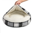 thumbnail image 2 of Sherry Kline Black/White Plaid and Natural Sherpa Medium Round with attached hoodie blanket, Dog Bed (24”x24”x7”), 2 of 4
