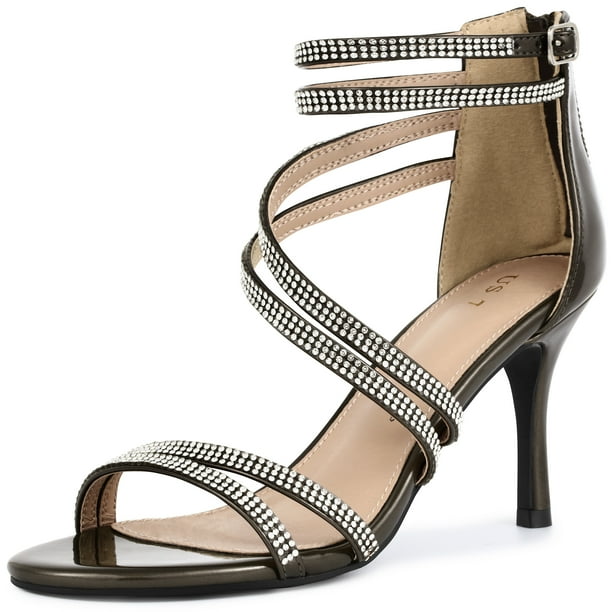 Sandalias de Tacón de Aguja con Diamantes de Imitación y Correa de Tobillo PU para Mujer Bronce 39 Allegra K