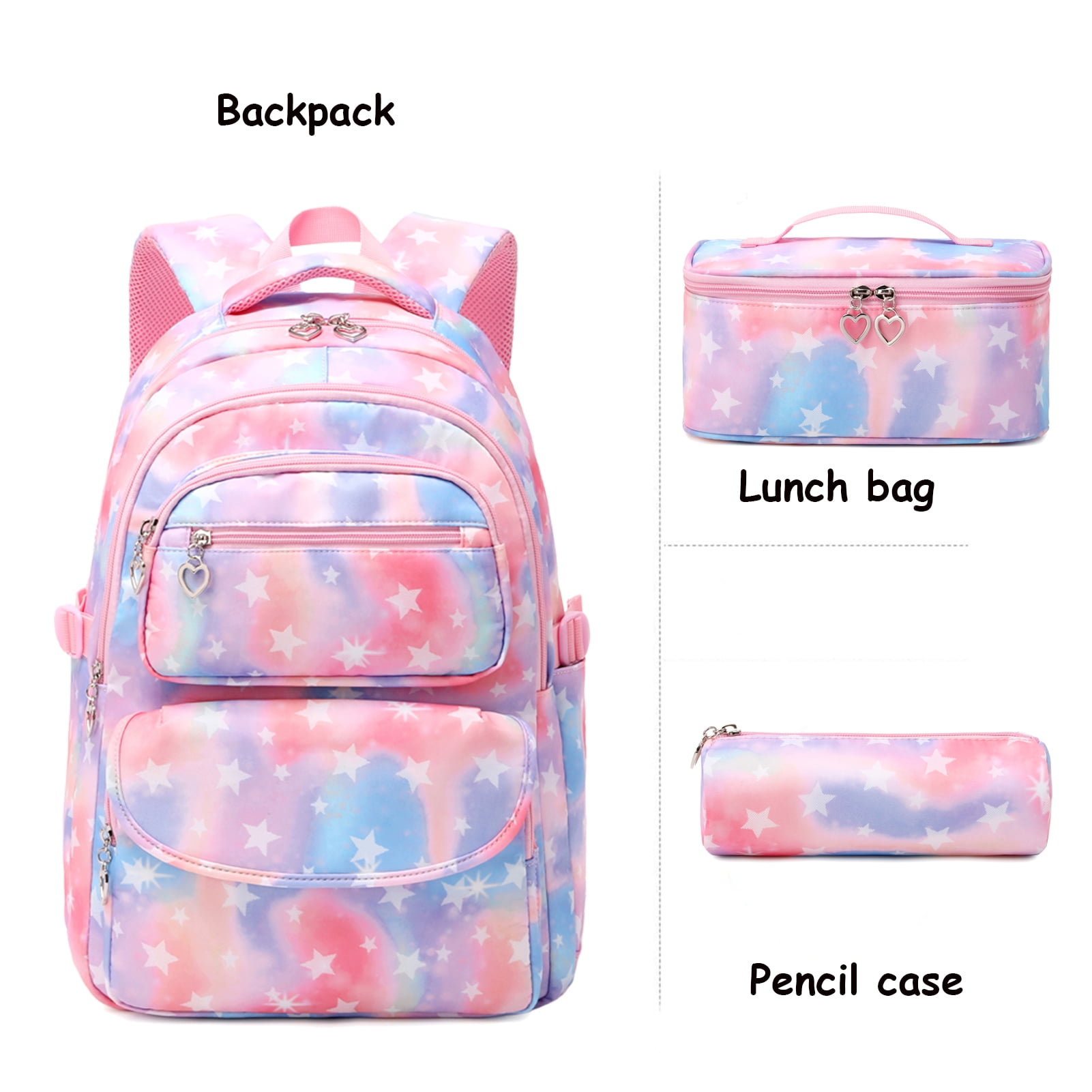 Black Star Print School Backpacks Set for Teen with Lunch Bag Water Resistant Lightweight Large Books Bag