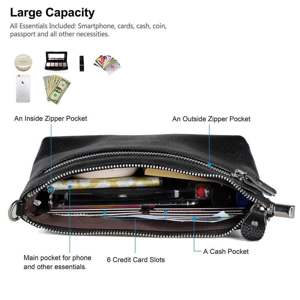 QUTETN Genuine Leather Wristlet Clutch Wallet Purses Small Crossbody Bags Shoulder Handbag for Women Silver Zipper