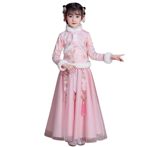 KAUOD Girls Chinese Dress Suits 2 Piece Flower Embroidery Fleece Coats Tulle Skirts New Years Dresses Outfits for Kids