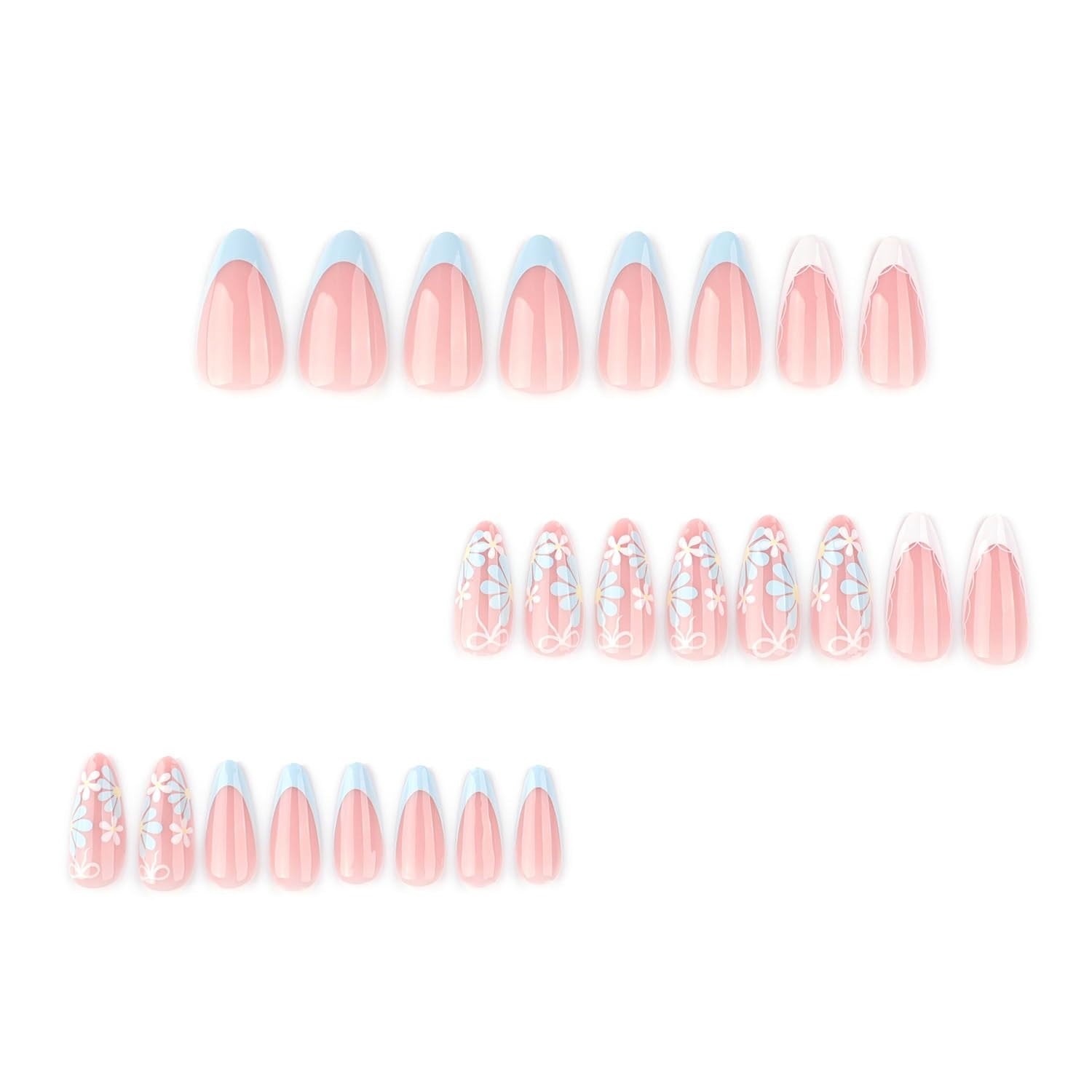Flower Fake Nails Almond Daisy Press on Nails, White Blue French Tip Press on Nails Full Cover Glossy False Nails with Designs Spring Summer Acrylic Nails for Women DIY Manicure Decorations