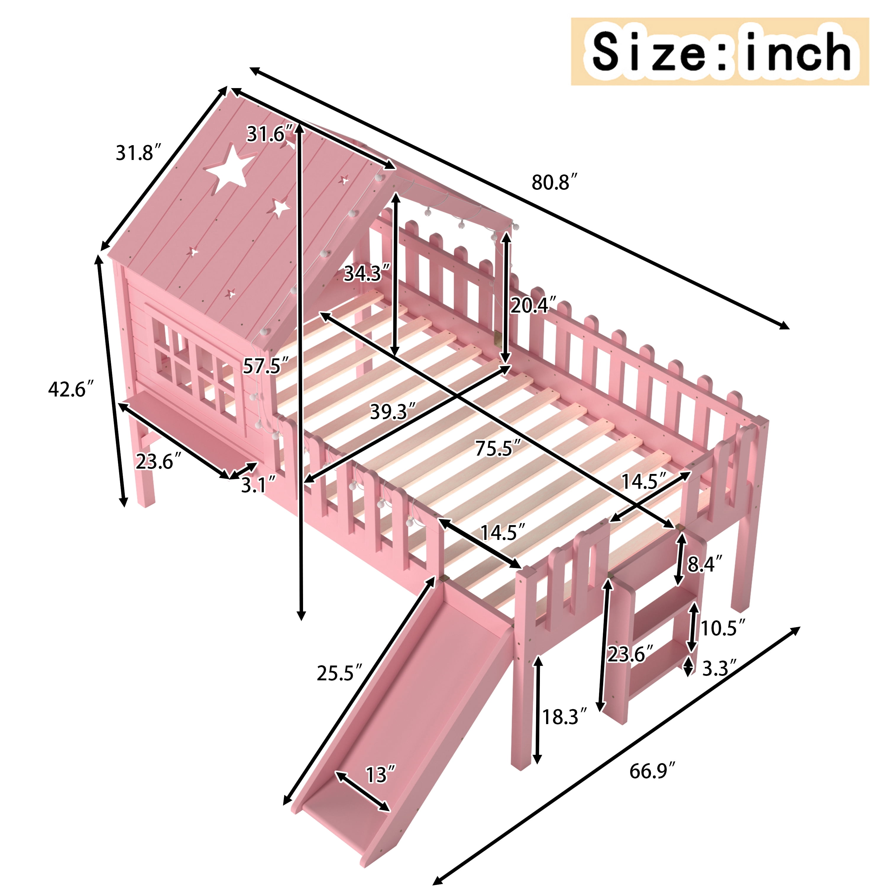 Mintazer Twin Size Kids House Loft Bed with Slide & LED Lights, Modern Playhouse Bed with Star Shaped Designs & Ladder, No Box Spring Needed, Pink