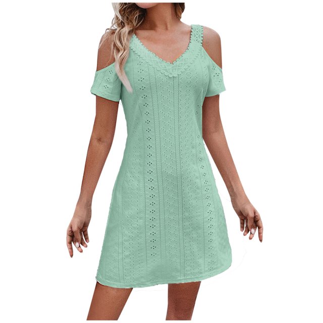 QIPOPIQ Robes de Cocktail pour Femmes Fête Manches Courtes Col en V Dentelle Épaules Dénudées Robe d'Été Robe Ajustée Offres 2023