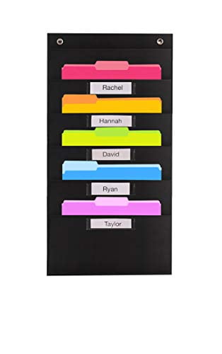Hanging Wall Mounted Storage Holder Pocket Chart for Magazine,Notebooks,Planners,Mails,5 Extra Large Pockets Black with pattern Over the door File Organizer 