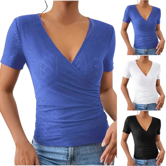 Women's Deep V Neck Short Sleeve Summer Slim Fit Cross Wrap Shirts Blouse Tops Dressy Casual T-Shirts