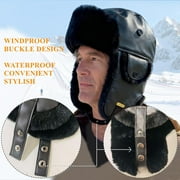 Unisex Winter Leather Trapper Hat Faux Fur,Windproof Pilot Cap Ushanka Russian Hats for Men Women