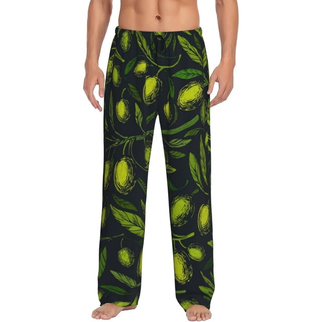 Fotbe Green Branch Olive Pantalones de Pijama para Hombre, Pantalones de Dormir, Pantalones de Casa con Cintura Ajustable y Bolsillos-Small