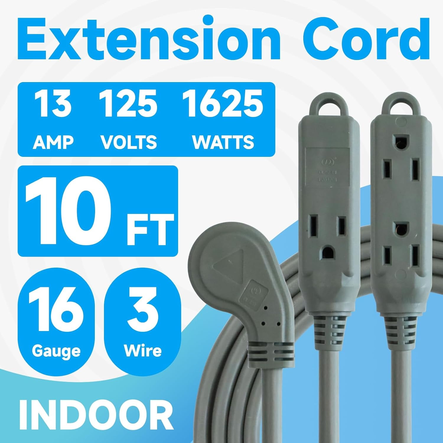 10 Ft Flat Plug Extension Cord，16/3 SJT Indoor Low Profile 3 Outlets Extension Cable with 45° Angled Flat Plug, Multiple Outlets Extension Cord, Grey