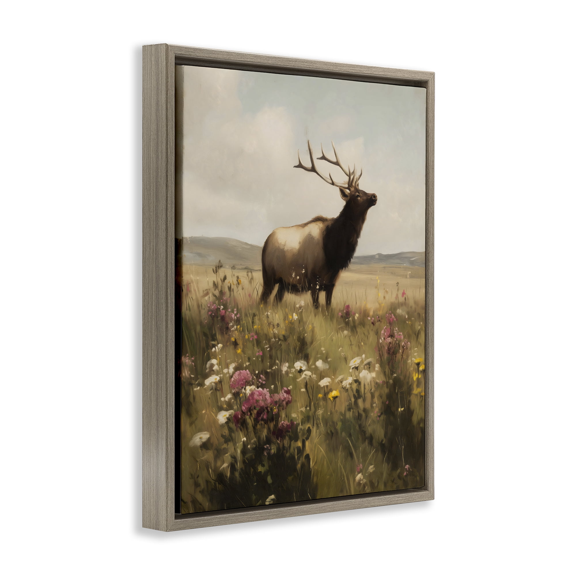 Stupell Industries Elk in the Wildflower Meadow Brown Framed Floater Canvas Wall Art, design by Arlington Prints