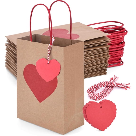 Tutuviw 12 Pcs Valentine Gift Bags with Handles and Heart Tags, Red Heart Treat Bags Valentines Candy Bags, Heart Love Party Favor Bags for Wedding Valentine's Day Party Gift Giving