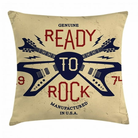 Classic Rock Throw Pillow Cushion Cover, Ready to Rock Saying with Flying V Guitar and Pick Vintage Print, Decorative Square Accent Pillow Case, 16 X 16 Inches, Beige Ruby Night Blue, by