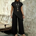 thumbnail image 2 of AHTJRT 2 Piece Set for Women Mock Neck Short Sleeve Asymmetric Tops and Baggy Wide Leg Dressy Pants Casual Outfits Black XXL, 2 of 7