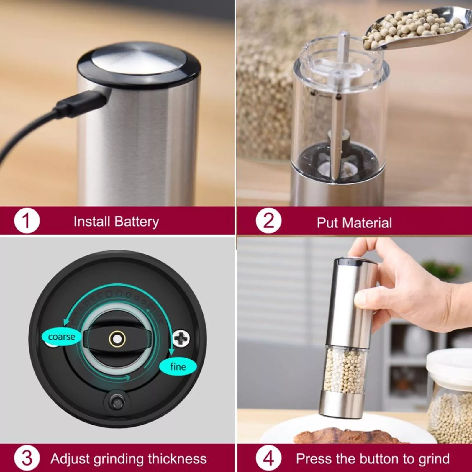 Baotom Electric Salt and Pepper Grinder Set Adjustable Grinding Coarseness Automatic Mill Shaker with LED Light