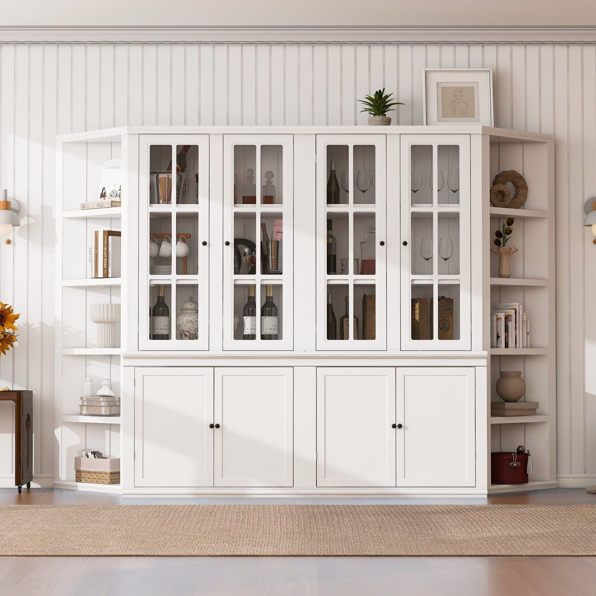 Euroco 2x 75.25'' Tall Display Cabinets and Two Triangle Sided Bookshelves, 105.5'' Wide Retro Style Wall Suit with Glass Doors, for Hallways, Living room, Office, Studio or Workspace - White