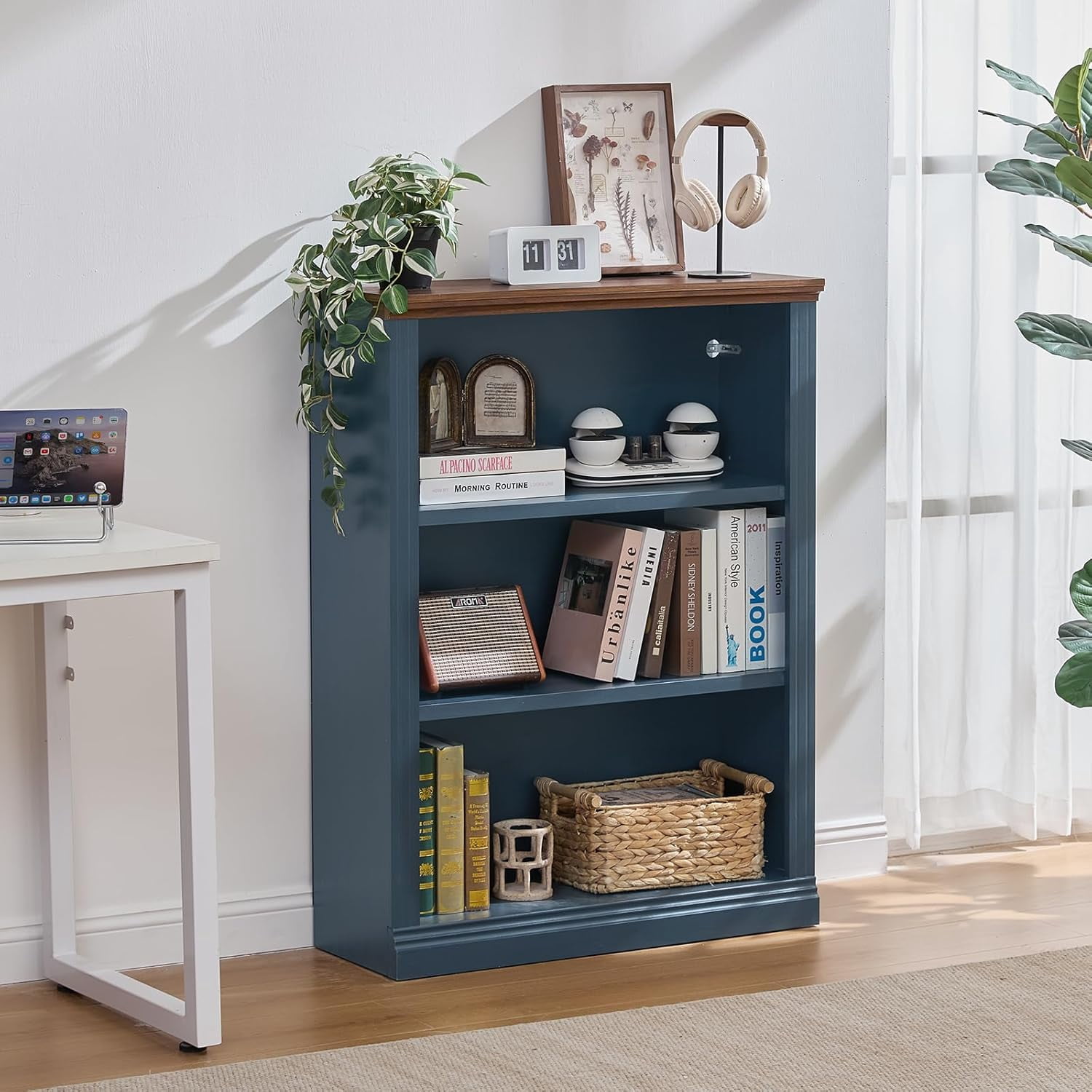 Joaxswe 43" Blue Tall Bookshelf, 3-Tier Thick Wood with Adjustable Shelves, Farmhouse Bookcase for Living Room, Office, Blue