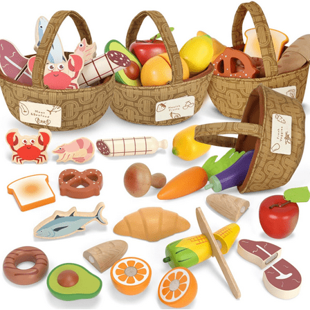 Wooden Pretend Play Food Sets for Kids Kitchen, Food Toys for Toddlers 3-5, 4 Set, Toys for Girls Boys, Cutting Food Toys for Toddlers 3 4 5 6 7 8