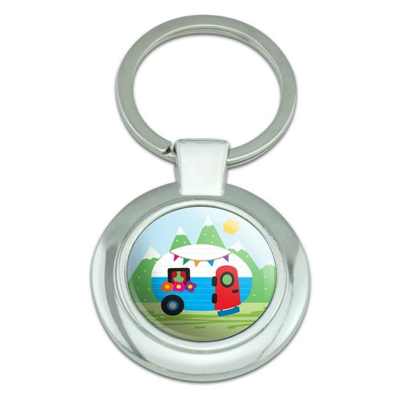 Vintage Retro Camper Trailer Classy Round Chrome Plated Metal Keychain