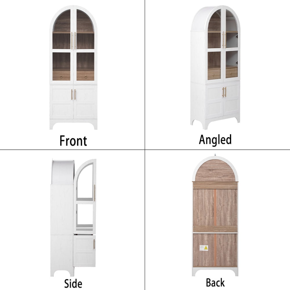 WARMMUSE Kitchen Pantry Cabinet, 71" Tall Wood Arched Storage Cupboard with Hidden Drawer, Shelves and Glass Doors for Dining Room or Kitchen, White
