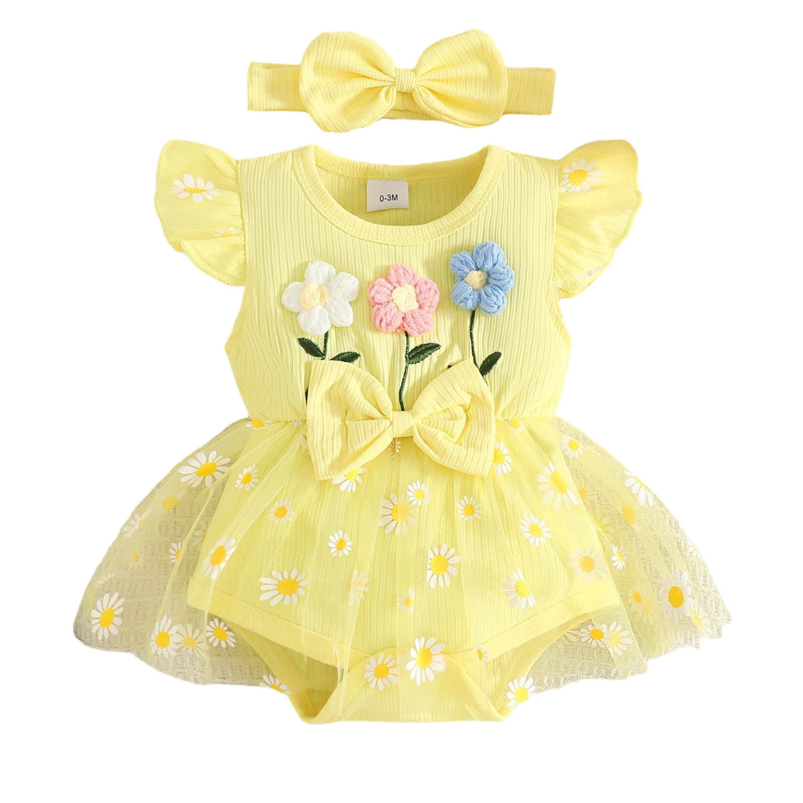 Karoyedx Tutu Dress for Girls Newborn Baby Girl Romper Dress Lace Floral Sleeveless Tulle Dress with Headband Infant Summer Mesh Jumpsuits Yellow Size,0-3 Months