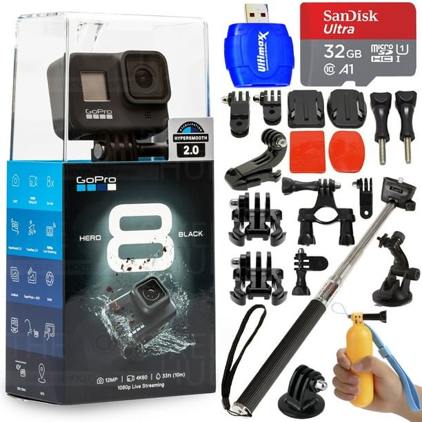 Gopro Hero8 4k Waterproof Action Camera Black Chdhx 801 Action Bundle Includes Sandisk 32gb Microsd Selfie Stick Suction Cup For Car Helmet Mount 2 Buckles And More Walmart Com Walmart Com