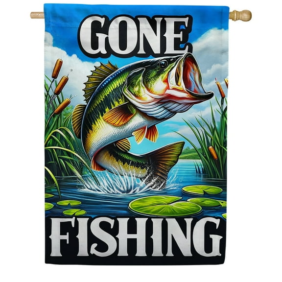 America Forever Gone Fishing Bass House Flag, 28 x 40 inch Double Sided, Lake Adventure Banner, Outdoor Fishing Decor, Angler Yard Flag