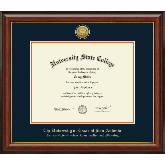 The University of Texas San Antonio College of Architecture, Construction and Planning Diploma Frame, Document Size 14" x 11"