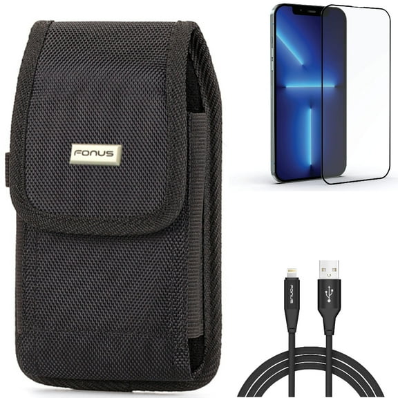6ft USB Cable & Case Belt Clip & Screen Protector for iPhone 13 Pro Max ONLY - Charger Cord Power Wire   Rugged Holster Canvas   Anti-Glare Tempered Glass Matte Combo