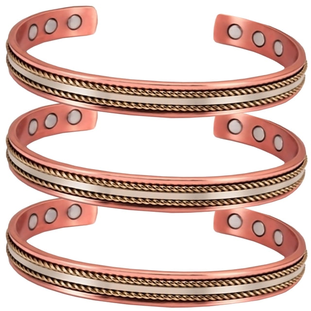Pulsera terapéutica. AlignPulse 3Pzas 15-18cm 8mm Cobre Texturizado Color: Cobre dorado y plata.