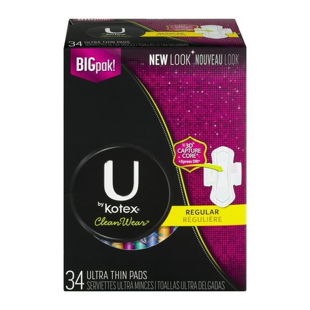 U by Kotex CleanWear Ultra Thin Regular Pads with Wings, Unscented 34 Count