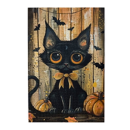 1000 PCS Cute Black Cat & Pumpkin 1000 Piece Vintage Jigsaw Puzzle Unique And Beautiful Design Creative Activity Hobbies For Adult Wooden Puzzles Suitable For Entertaining With Family During Holidays