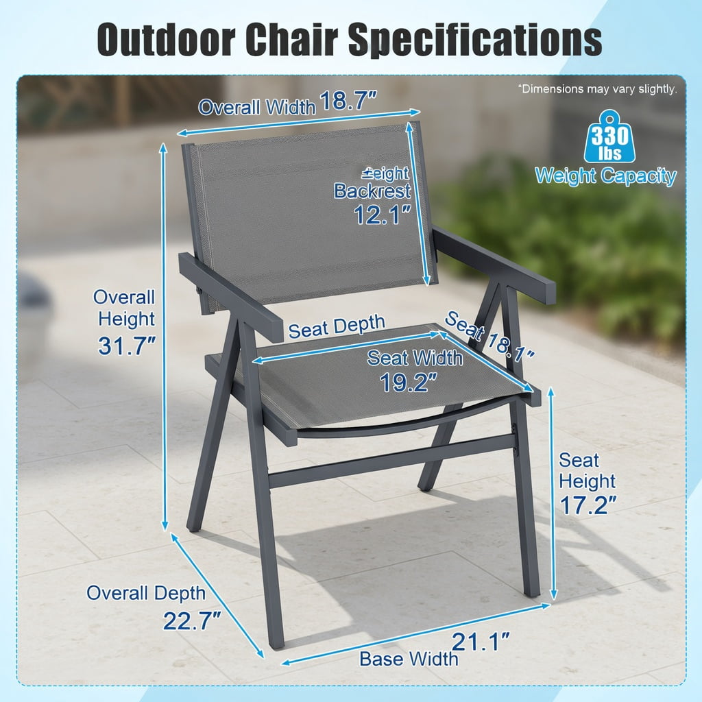 Hommoo 2-Pack Outdoor Patio Dining Chairs, Breathable Fabric Seat, Powder-Coated Metal Frame, Fade-Resistant & Ergonomic Design for Patio, Poolside & Backyard, Gray