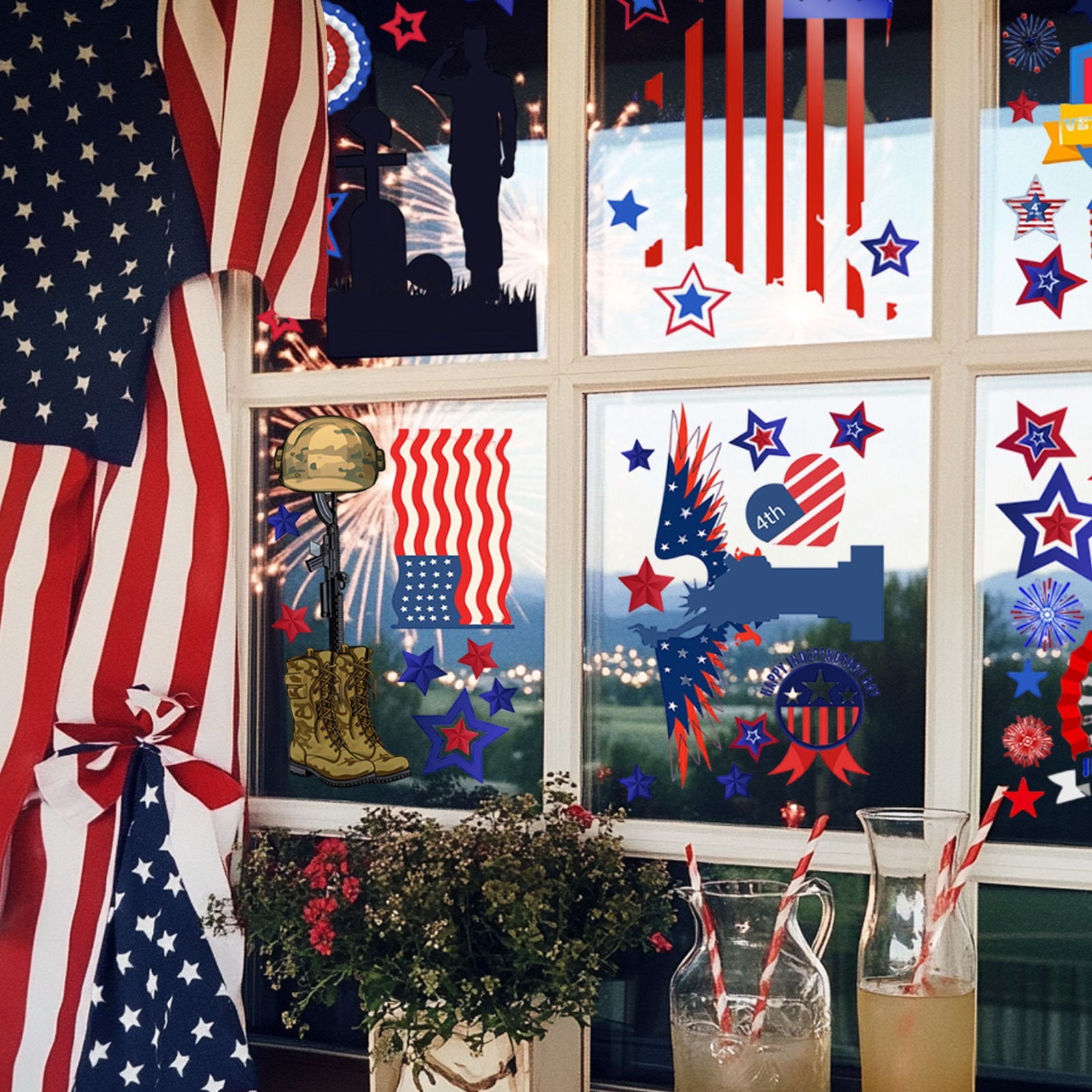 Seyotauo 4th Of July Window Stickers Removable Independence Day Decor USA Themed Star Stripe Flag Glass Holiday Vinyl for Patriotic Party Home Office Outdoor