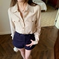 thumbnail image 6 of American-style vintage women's tencel long-sleeved shirt with polo collar and loose pocket design, 6 of 9