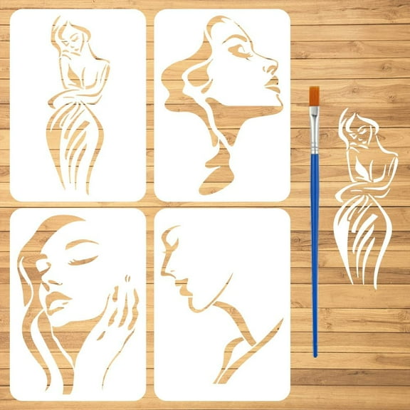 4 Pcs Minimalist Figures Painting Stencil with Brush 8.3x11.7inch Beauty Lady Pattern Drawing Template Modern Art Woman Theme DIY Stencil for Painting on Wood Wall Fabric Furniture