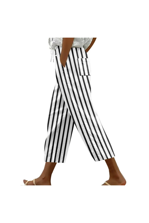 Women's Striped Printed Capris Relaxed Harem Pants with Pocket & Drawstring Detail | Functional Casual Wear M-3XL