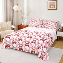 Feelyou Kawaii Pink Bowknot Bed Sheets, Cartoon Strawberry Fruit King Sheets, Cute Ribbon Bow Sheet Set, Microfiber Bedroom Decor, 4-Piece