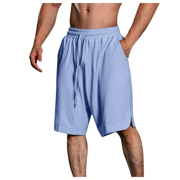 Caqnni Men's Linen Shorts Casual Elastic Waist Drawstring Summer Beach Shorts Comfortable Elastic Waistband Drawstring Sports Gym Basketball Casual Shorts (M,Dark Blue)