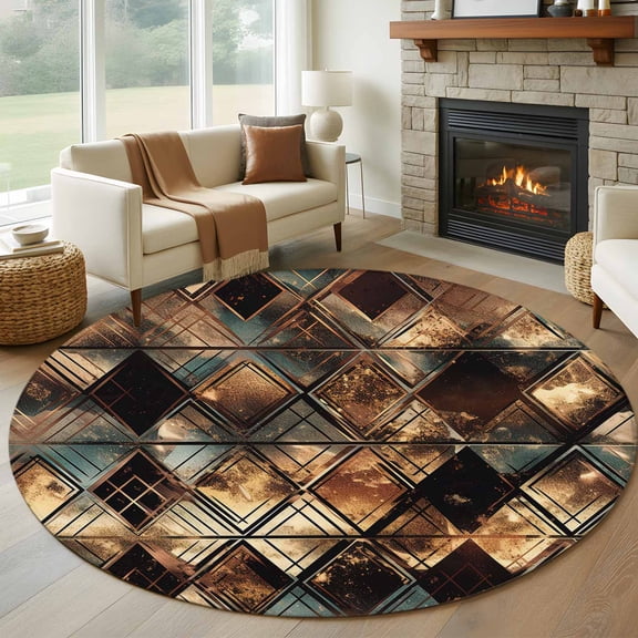 Brown Teal Geometric Round Area Rug 6 FT, Non Slip Bedroom Area Rug, Retro Modern Plaid Abstract Art Washable Soft Circular Carpet Floor Mat for Kitchen Dining Room Home Office Kids Room
